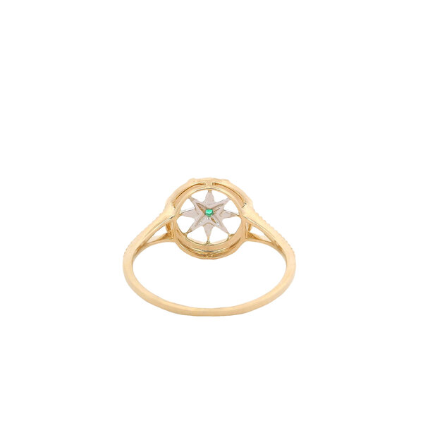 14K Yellow and White .03ct Diamond and .02ct Emerald Compass Ring Size 7