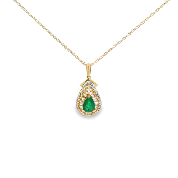 14K Yellow Gold .60ct Pear Emerald & .36ct Diamond Necklace 18"