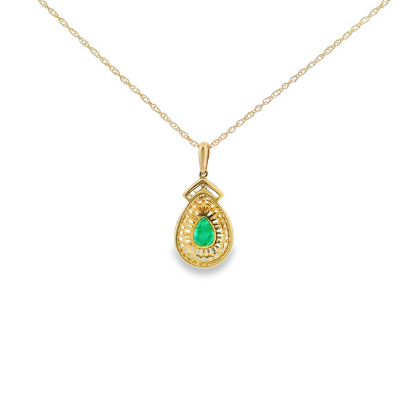 14K Yellow Gold .60ct Pear Emerald & .36ct Diamond Necklace 18"