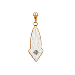 10KY 1930's .01ct Dia Carved Rock Crystal Pendant 45x14mm