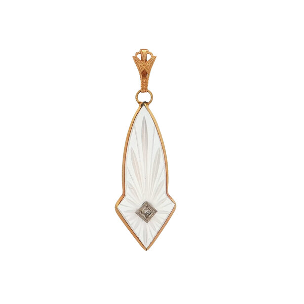 10K Yellow Gold 1930's .01ct Diamond Carved Rock Crystal Pendant 45x14mm