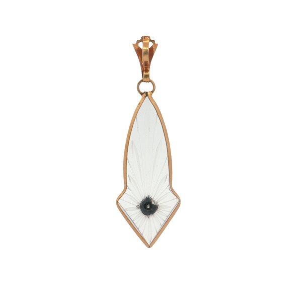 10K Yellow Gold 1930's .01ct Diamond Carved Rock Crystal Pendant 45x14mm