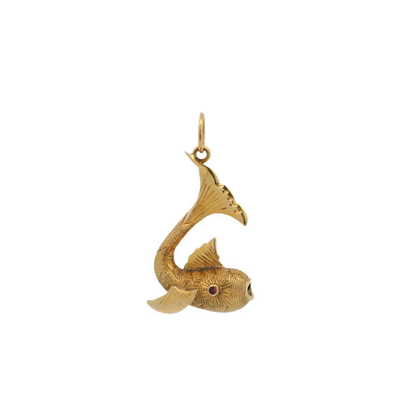 18K Yellow Gold Estate .04ct Ruby Koi Fish Pendant 38x11mm