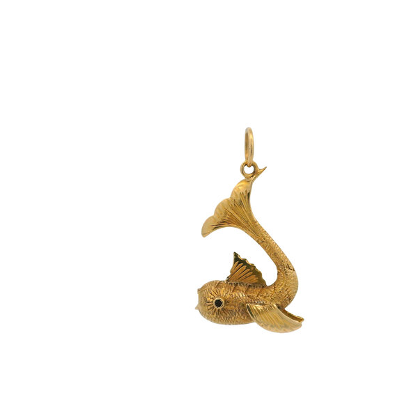18K Yellow Gold Estate .04ct Ruby Koi Fish Pendant 38x11mm