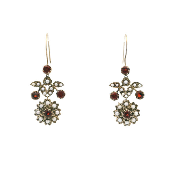 Platinum/Sterling Silver 1.60ct Garnet & Seed Pearl Flower Dangle Earrings