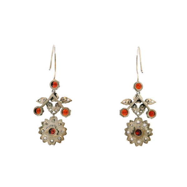 Platinum/Sterling Silver 1.60ct Garnet & Seed Pearl Flower Dangle Earrings