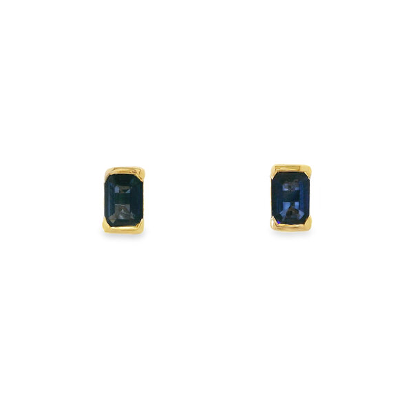 10K Yellow Gold 1.08ct Emerald Cut Sapphire 1/2 Bezel Post Earrings