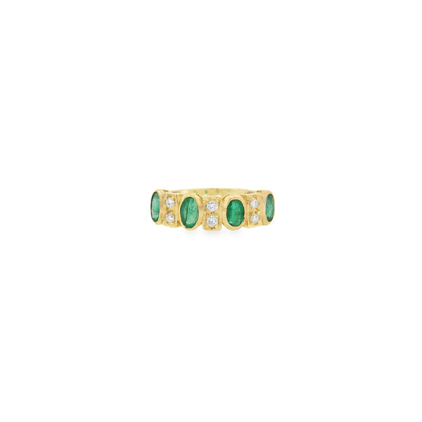 14K Yellow Gold 2.85ct Oval Emeralds (4) & .13ct Diamond Band Size 6.5