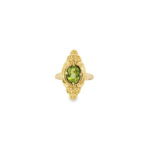 14KY 1960's 1ct Oval Peridot Floral Ring Sz 7