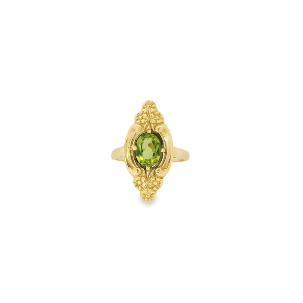 14K Yellow Gold 1960's 1ct Oval Peridot Floral Ring Size 7