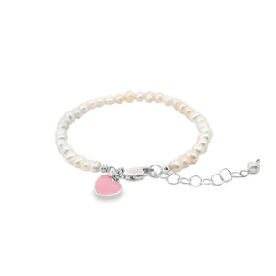 SS FWP w/ Pink Enamel Heart Charm Brc 5" + 1"