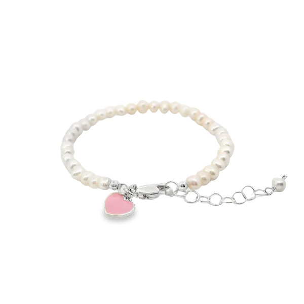 Sterling Silver Freshwater Pearl with Pink Enamel Heart Charm Bracelet 5" + 1"