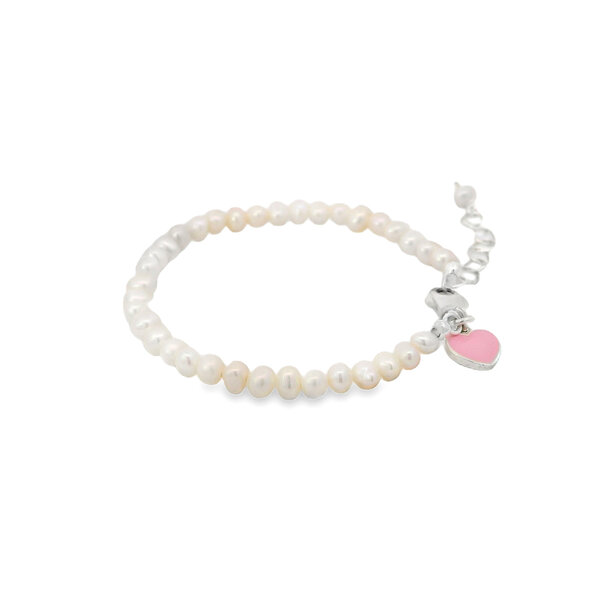 Sterling Silver Freshwater Pearl with Pink Enamel Heart Charm Bracelet 5" + 1"