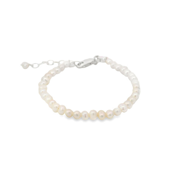 Sterling Silver Freshwater Pearl with Pink Enamel Heart Charm Bracelet 5" + 1"