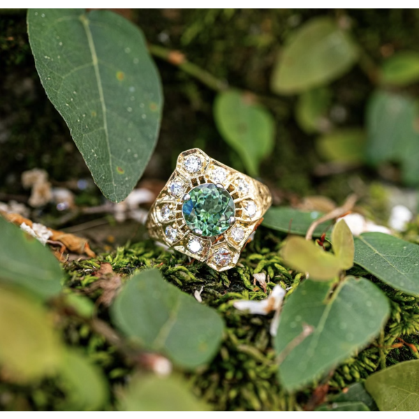 18K Yellow and White  Gold 1940's 1.72ct Round Green Tourmaline & .50ct Diamond Ring Size 7