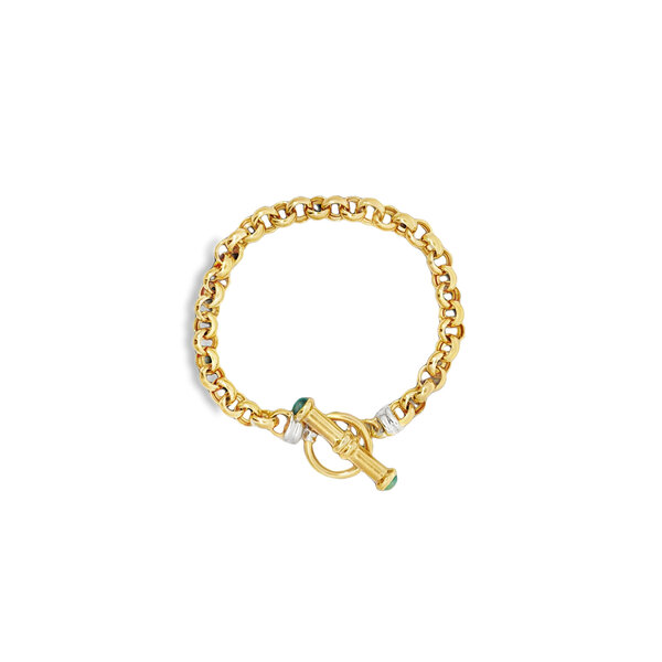 14K Yellow & White Gold Estate Green Chalcedony 6.5mm Rolo Toggle Bracelet 7"
