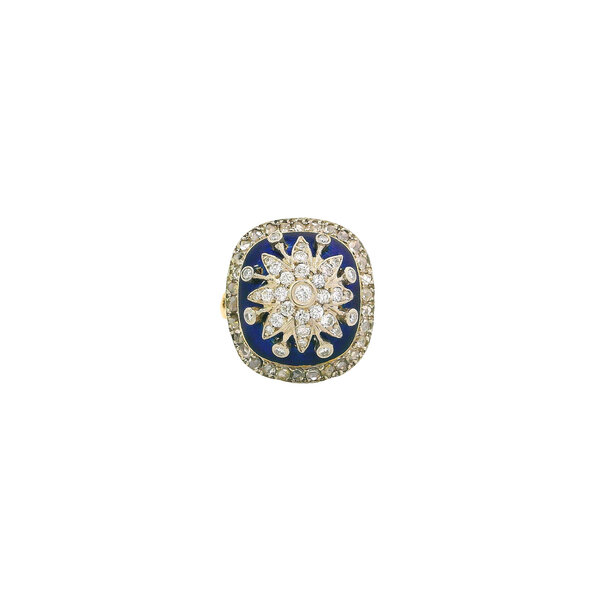 18K Yellow & White Gold 1950's.78ct Diamond & Blue Enamel Cocktail Ring Size 5.5