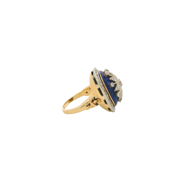 18K Yellow & White Gold 1950's.78ct Diamond & Blue Enamel Cocktail Ring Size 5.5