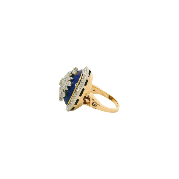 18K Yellow & White Gold 1950's.78ct Diamond & Blue Enamel Cocktail Ring Size 5.5