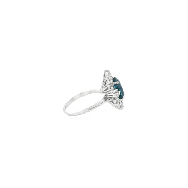 18K White Gold Estate Ballerina 3.20ct London Blue Topaz & 1.02ct Diamond Halo Ring Size 6.5
