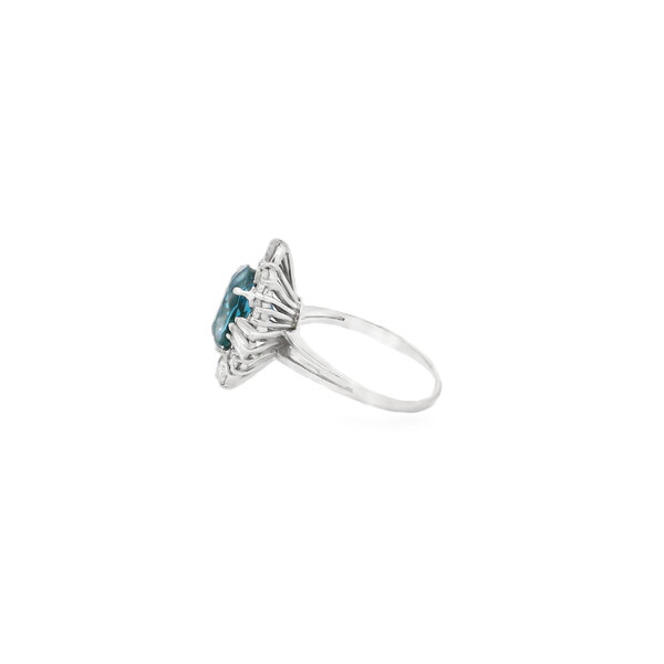 18K White Gold Estate Ballerina 3.20ct London Blue Topaz & 1.02ct Diamond Halo Ring Size 6.5