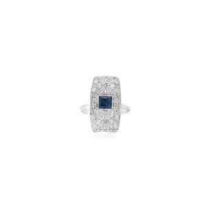 Plat 1930's .28ct Dia .40ct Blue Syn Sapp Filigree Ring Sz 6
