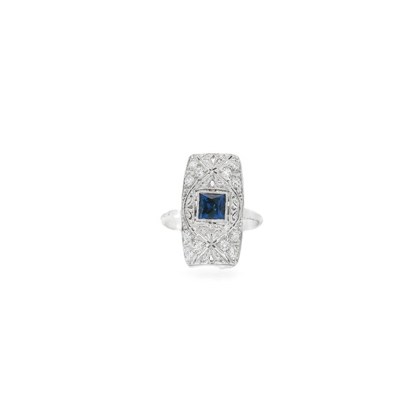 Platinum 1930's .28ct Diamond & .40ct Blue Synthetic Sapphire Filigree Ring Size 6