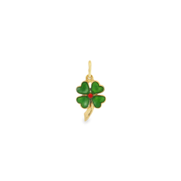 14K Yellow Gold Estate Green & Red Enamel 4 Leaf Clover Charm 21x10mm