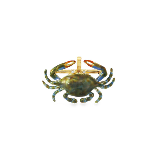 14K Yellow Gold Estate .02ct Diamond & Hand Painted Enamel Blue Crab Pendant/Pin