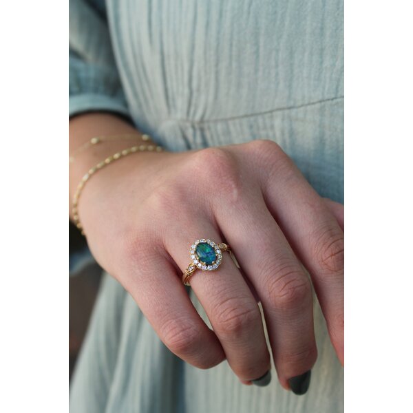 14K Yellow Gold .99ct Oval Cab Australian Opal .33ct Diamond Ring Size 6.5