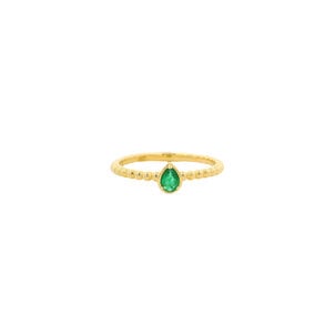14KY .15ct Pear Emerald Beaded Ring Sz 6.5