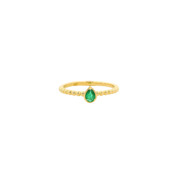 14K Yellow Gold .15ct Pear Emerald Beaded Ring Size 6.5
