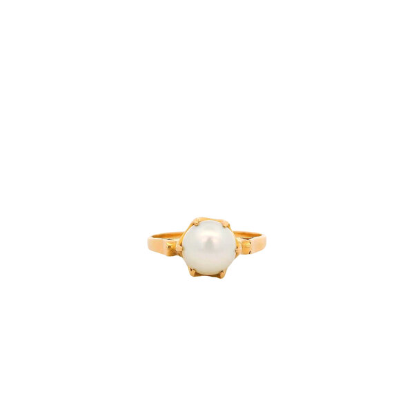 18K Yellow Gold 1940's 7mm Akoya Pearl 6 Prong Ring Size 5