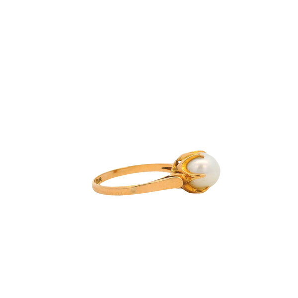 18K Yellow Gold 1940's 7mm Akoya Pearl 6 Prong Ring Size 5