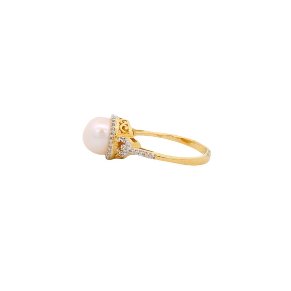 10K Yellow Gold 8mm White Freshwater Pearl & .12ct Dia Ring Size 7.25