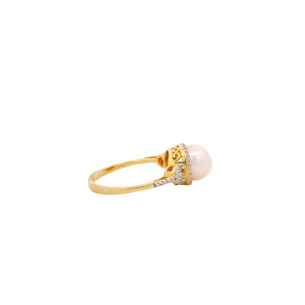 10K Yellow Gold 8mm White Freshwater Pearl & .12ct Dia Ring Size 7.25