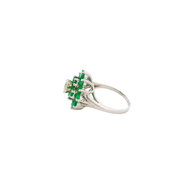 14K White Gold 1960's .65ct Diamond & 2.40ct Emerald Cluster Ring Size 6.5