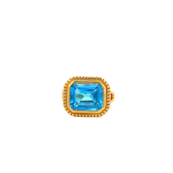 14K Yellow Gold 8.30ct Emerald Cut Blue Topaz East to West Ring Size 7