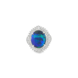 Plat 1960's 3.29ct Oval Black Opal 1.30ct Dia Ballerina Ring Sz 4.75