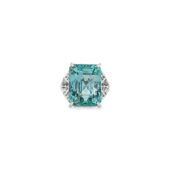 Platinum 1930's 14.40ct Emerald Cut Aquamarine Art Deco Ring Size 6.5