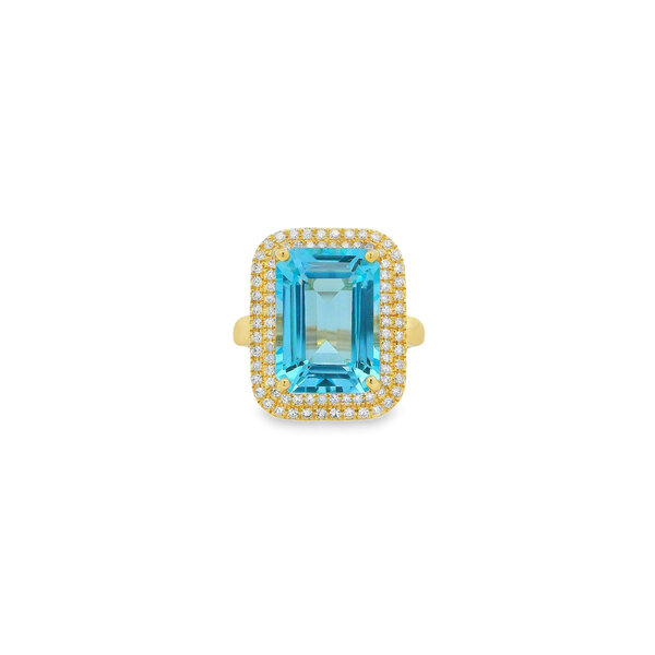 14K Yellow Gold  8.80ct Emerald Cut Sky Blue Topaz .41ct Diamond Ring Size 7.25