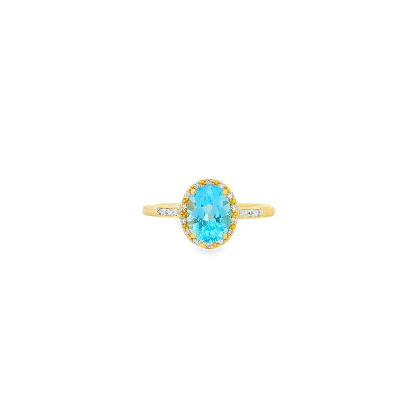 14K Yellow Gold 1.20ct Oval Blue Topaz & .08ct Diamond Ring Size 7