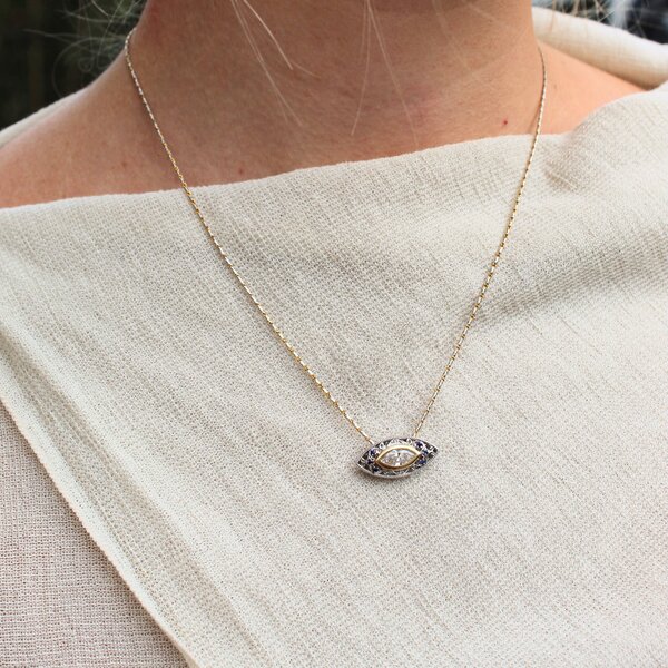 14K Yellow and White Gold Estate .58ct MQ Diamond .06ct Sapphire East To West Necklace 18"