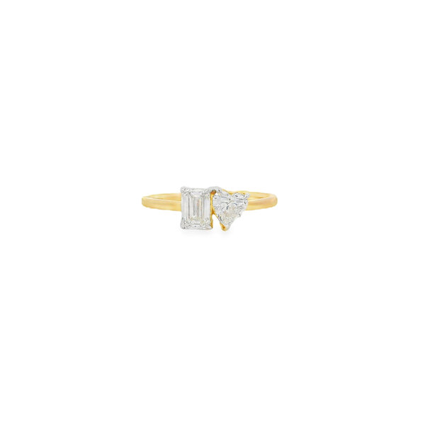 14K Yellow Gold .50ct Emerald Lab Diamond &  .50ct Heart Lab Diamond Ring Size 7.25