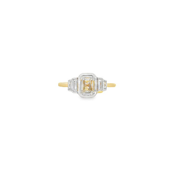14K Yellow & White Gold 1.40ct Emerald Cut Lab & Baguette Lab Bezel Ring Size 7