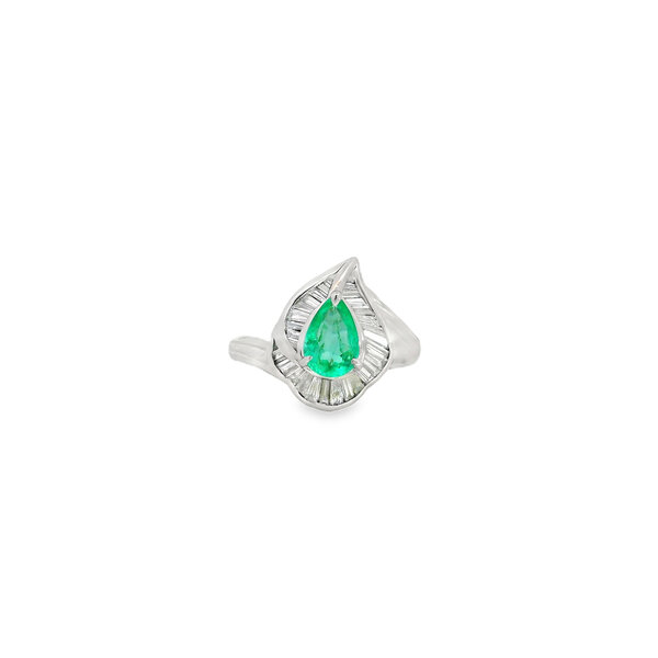 Platinum 1960's .72ct Pear Emerald & .49 Baguette Diamond Halo Ring Size 6.5