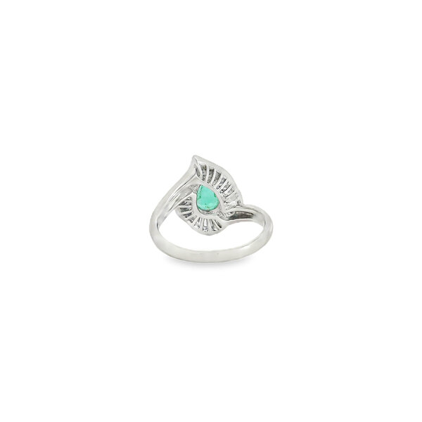 Platinum 1960's .72ct Pear Emerald & .49 Baguette Diamond Halo Ring Size 6.5