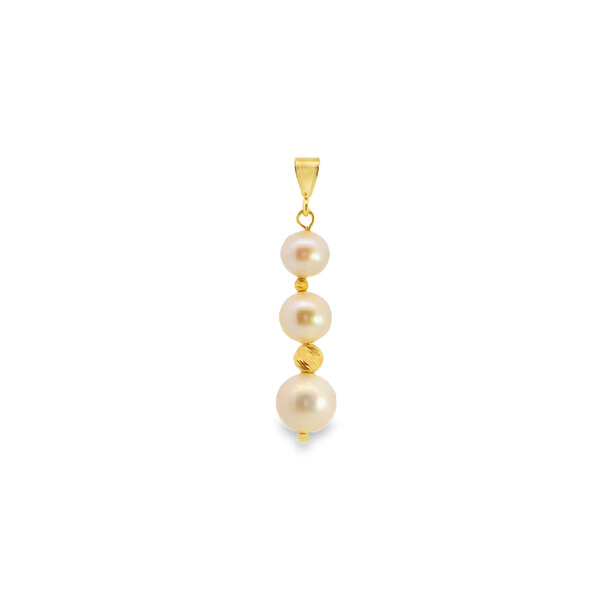 14K Yellow Gold 6-8.5mm Graduated Pearl & Diamond Cut Bead Pendant 37mm