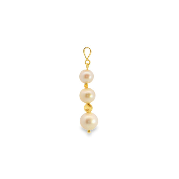14K Yellow Gold 6-8.5mm Graduated Pearl & Diamond Cut Bead Pendant 37mm