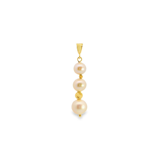 14K Yellow Gold 6-8.5mm Graduated Pearl & Diamond Cut Bead Pendant 37mm